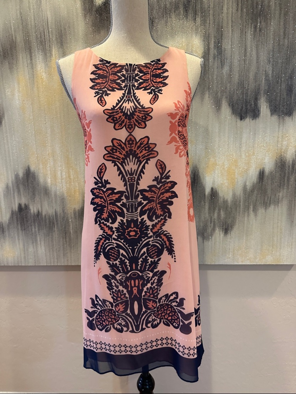 Max Studio Pink Dress with Navy Damask Print